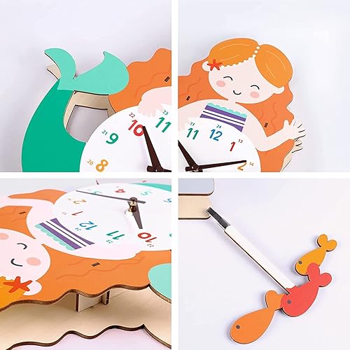 Miniatura 6 de WXFKLDJ Reloj de pared de sirena 3D para dormitorio de niños y niñas, lindo reloj silencioso sin tictac con péndulo, reloj de cuarzo de madera