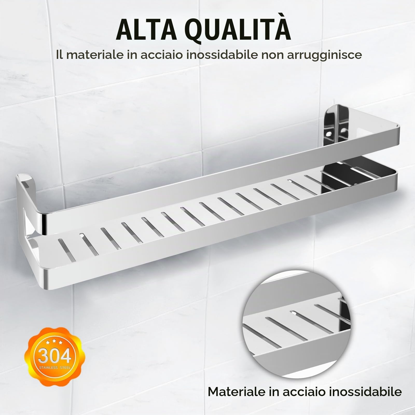 QL Mensola Doccia,Portaoggetti Doccia in Acciaio Inox SUS304,Mensole Bagno Design Minimalista,Cestino per Doccia 40CM,Cromo