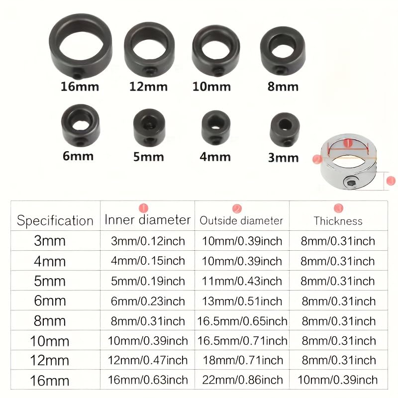 9PCS Drill Stop Collar Set 9-Piece Adjustable Depth 3-16mm with Hex Wrench for Precision Woodworking Drilling Home Workshop Use, Black