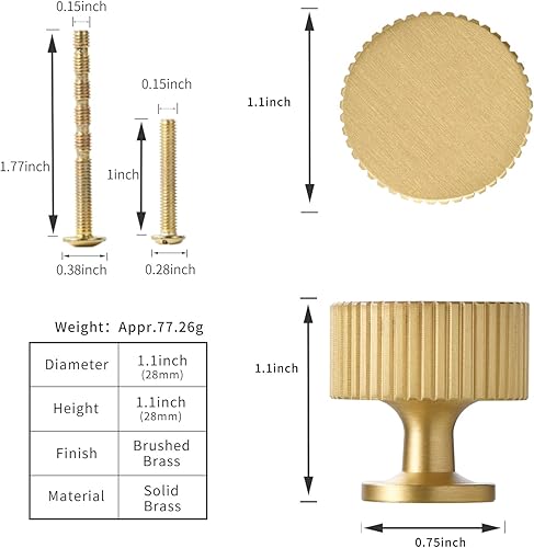 Miniatura 6 de Pomo de gabinete de cocina dorado cepillado - Pomo de cajón de tocador de latón macizo paquete de 6, manijas de latón para baño dormitorio armario