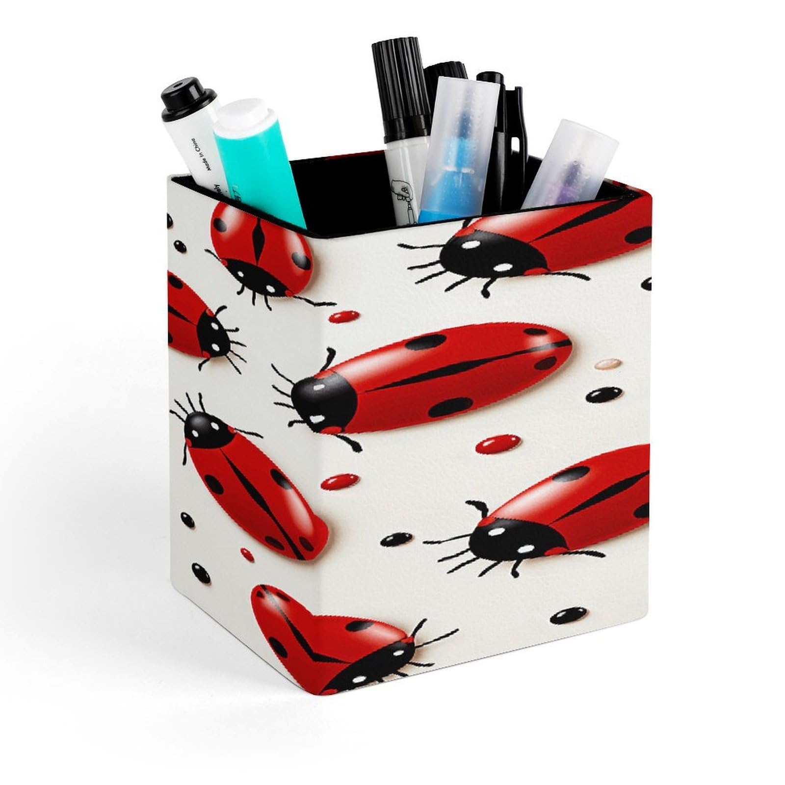 VstaDank Red Ladybug Pen Holder Square Pencil Holder Leather Pencil Cup Pen Organizer Makeup Brush Holders Pen Cups Desktop Stationery Organizer for Home Office Desk Organizers