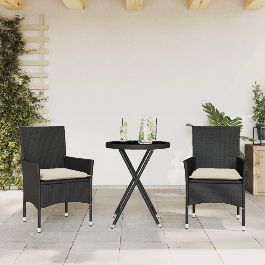 ShGaxin Tavolino e sedie con Cuscini 3 pezzi rattan sintetico Vetro Nero, Set Tavolo E Sedie Giardino, Tavolo E Sedie Terrazza, Mobili da Giardino Esterno, Set Di Mobili Da Giardino - 3278747