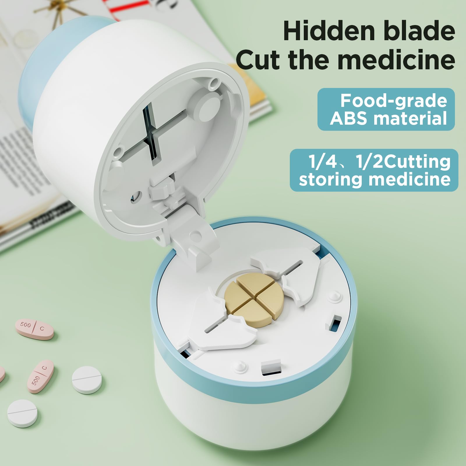 Pill Cutter 1/4 - Pill Splitter with Stainless Steel Blade for Cutting Small Pills or Large Pills in one Fourth, Suitable for Cuting Vitamins, Tablets (1-4 Blue) — Amazon image 2