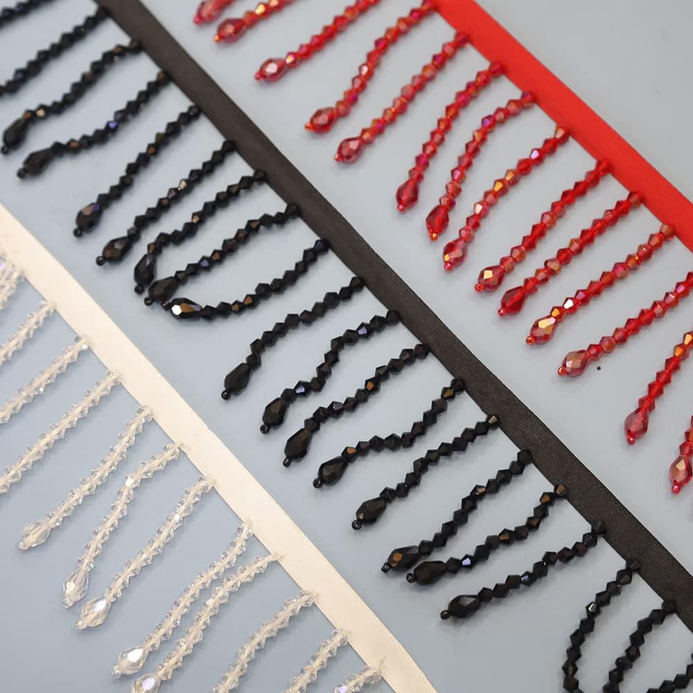 Yalulu 2 Yards Handmade Beaded Hanging Tassel Fringe Trim, Crystal Beads Tassel Fringing Trimmings for Sewing Craft Clothing Accessories (Red)