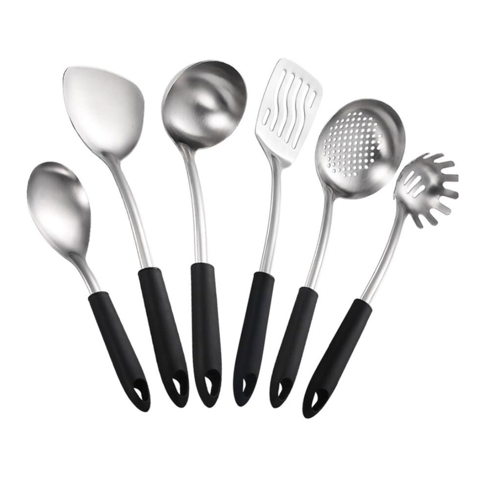 Set di 6 utensili da cucina in acciaio inossidabile con cucchiaio e spatola per cena, colore nero, utensili da cucina per chef casalinghi.