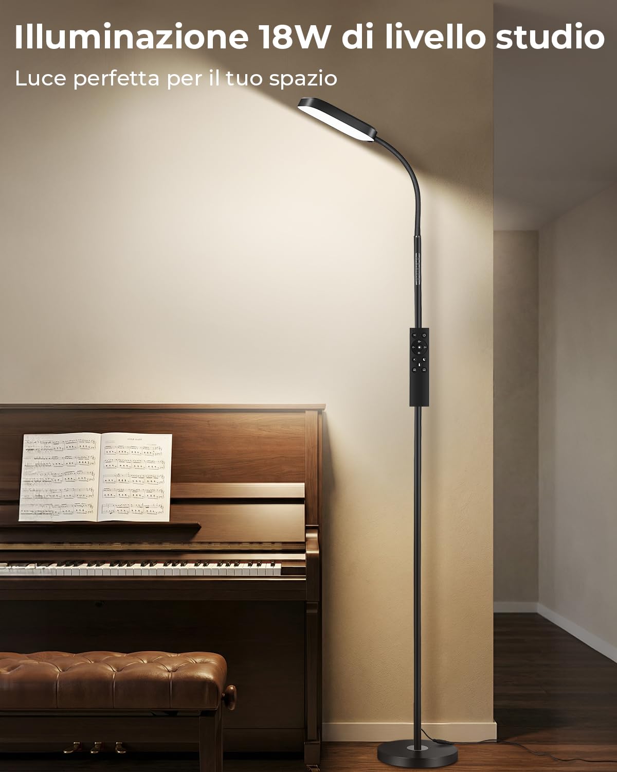 Lampada da terra LED dimmerabile 18W, 1850 lm – Lampada da terra salotto con telecomando, 3000–6500K, piantana moderna con luce regolabile, lampada da lettura