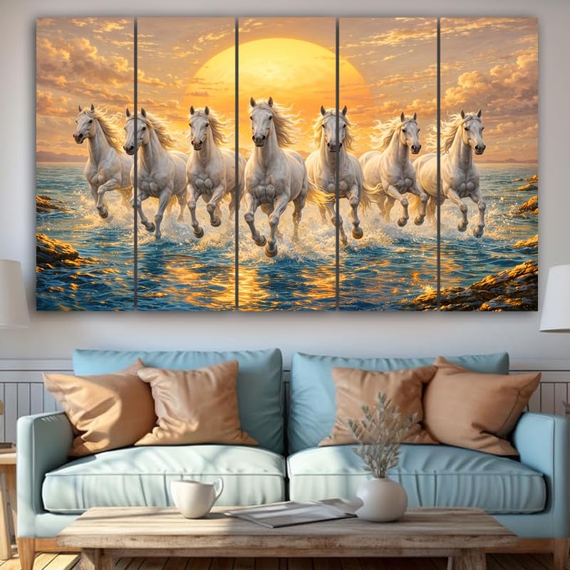 Image of Spacter White 7 Horses Wall Painting for Living Room Big Size - 7 Running Horses Painting Vastu for Bedroom, Office, Hotel - Wall Decor Digital Painting Wooden Framed for Gifting (30x60 Inch)