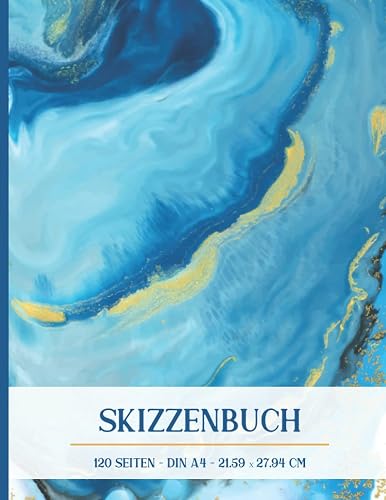 Skizzenheft Blanko A4: Skizzenbuch zum Skizzieren , Zeichnen und Malen - 120 Seiten Din A4 mit Register - Abdeckung mit blauem Marmordesign