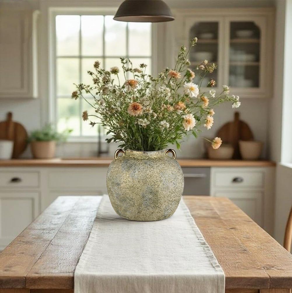 Antique Ceramic Flower Vase, 7.9" Rustic Glazed Decorative Vase with Gold Handles, Vintage Farmhouse Vases for Home Decor, Living Room, Bedroom, Entryway,Wedding,Party, Desk, Shelf & Table Centerpiece