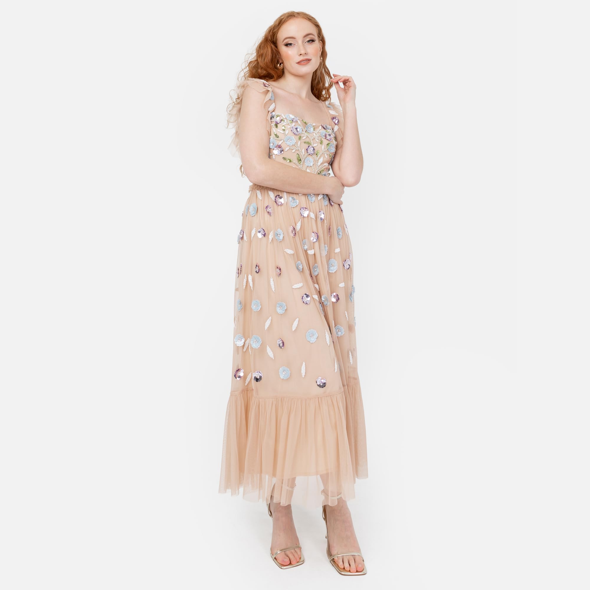 Maya Deluxe Damska sukienka Midaxi Ruffle Short Sleeve Square Neck Sequin Embellished Shirred Back Frills A-line Wedding Guest Nude 42, nude, 42