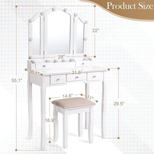 Miniatura 7 de Vanity Desk with Mirror and Lights Makeup Vanity with Lights and Tri-Folding Vanity Table with Light,White Vanity Makeup Desk with Drawers and Chair