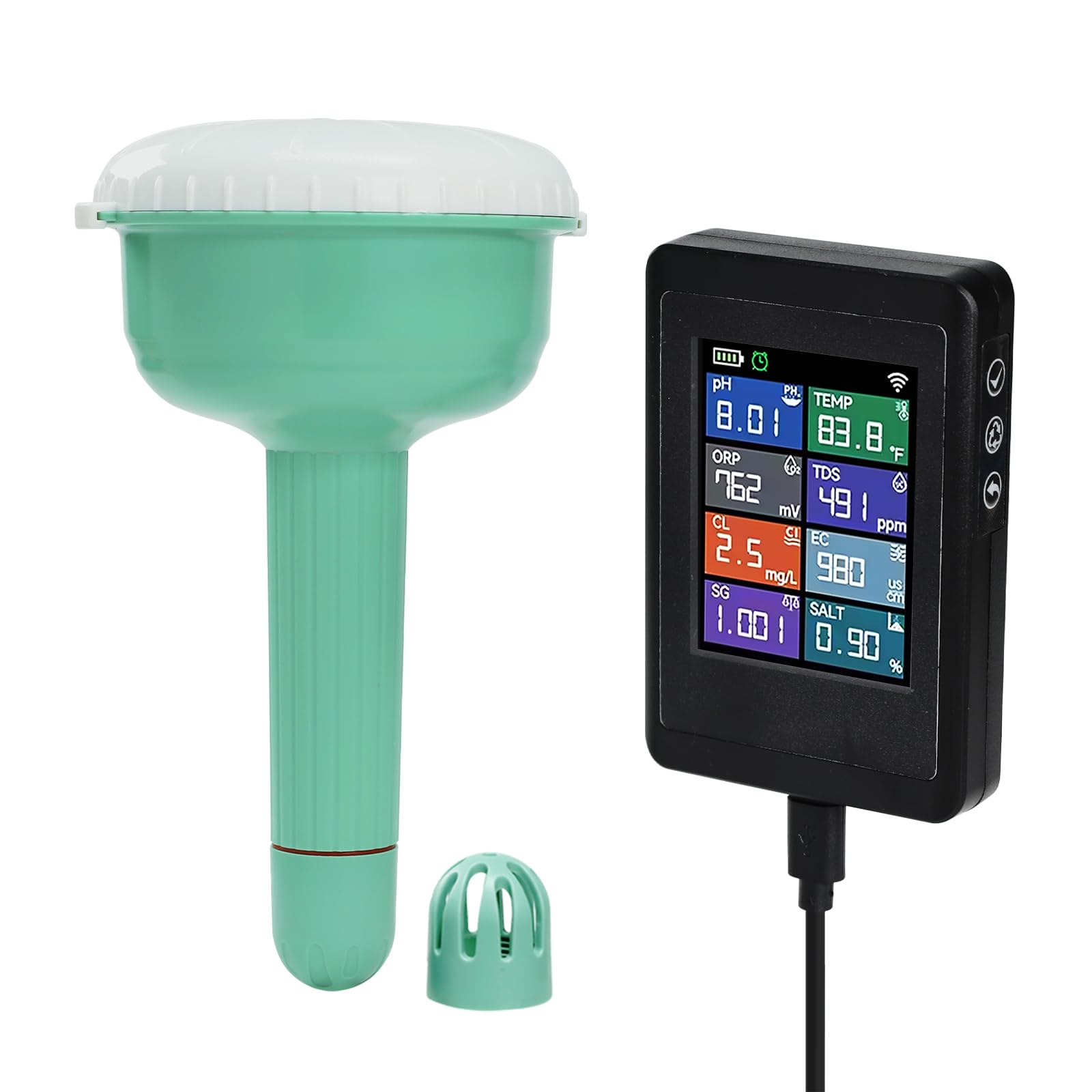 Moniteur de Piscine Intelligent 8-en-1 | Sonde Flottante Sans Fil 300m et Écran LCD d’Intérieur | Application Tuya Suivi à Distance pH, Chlore, Sel, TDS, CE et Température pour Piscines et Spas