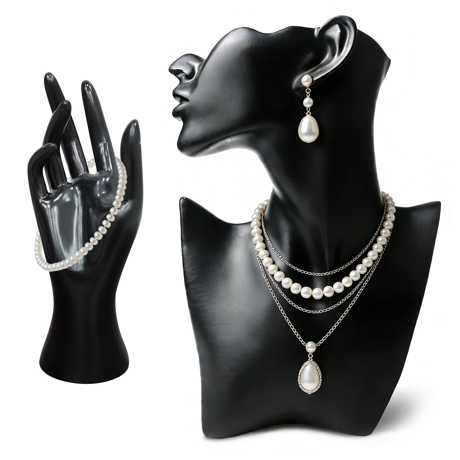 Lot de 2 Mannequins de Bijoux : Présentoir Élégant à Main et Grand Ensemble de Présentation en Résine Noire, Kit de Haute Qualité pour Magasins et Foires