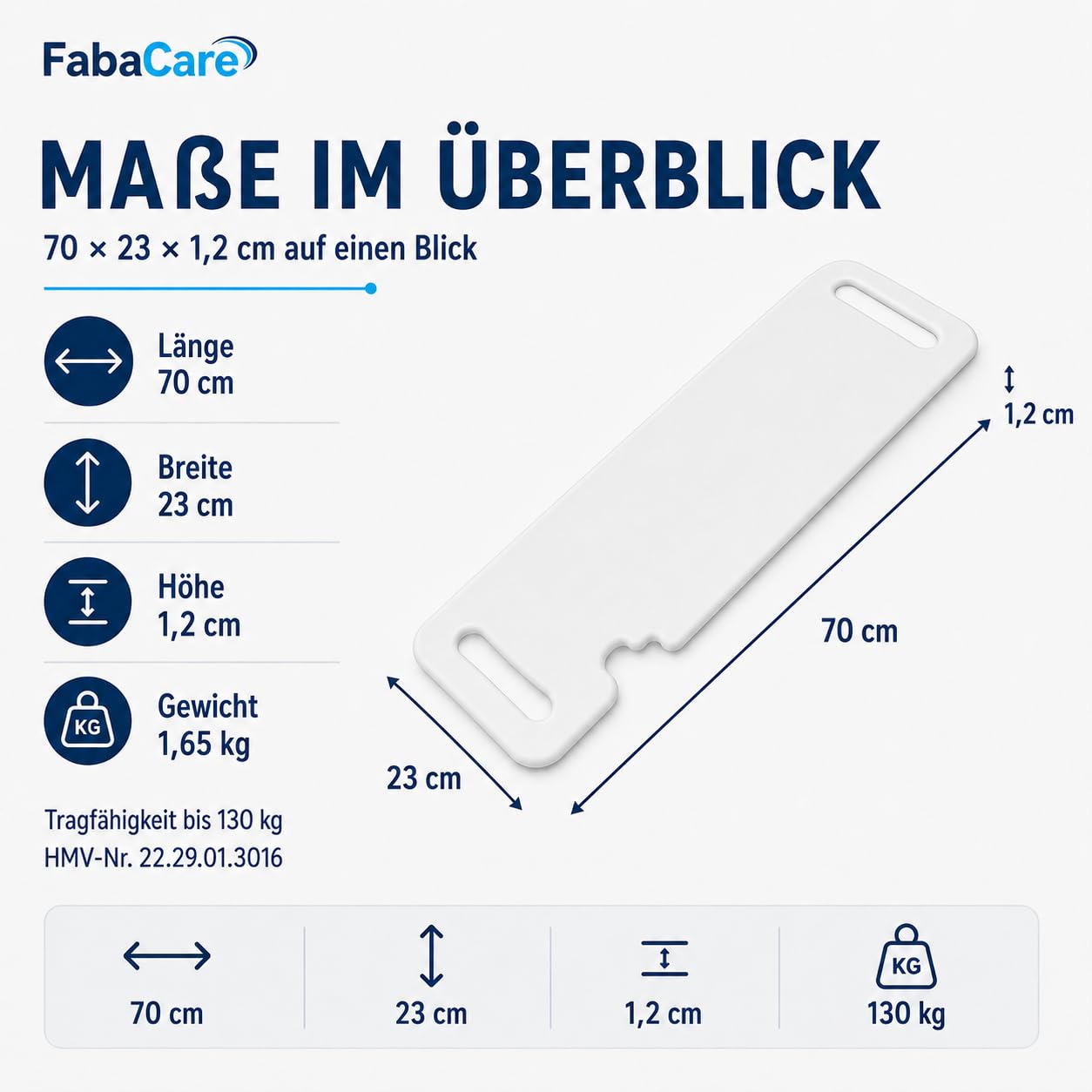 FabaCare Rutschbrett für Rollstühle EasyTransfer – Transferhilfe mit Aussparung für Reifen & Greifreifen, Rollstuhlbrett mit Grifföffnungen, Umsetzhilfe für Rollstuhl, Bett & Stuhl, 70 x 23 cm