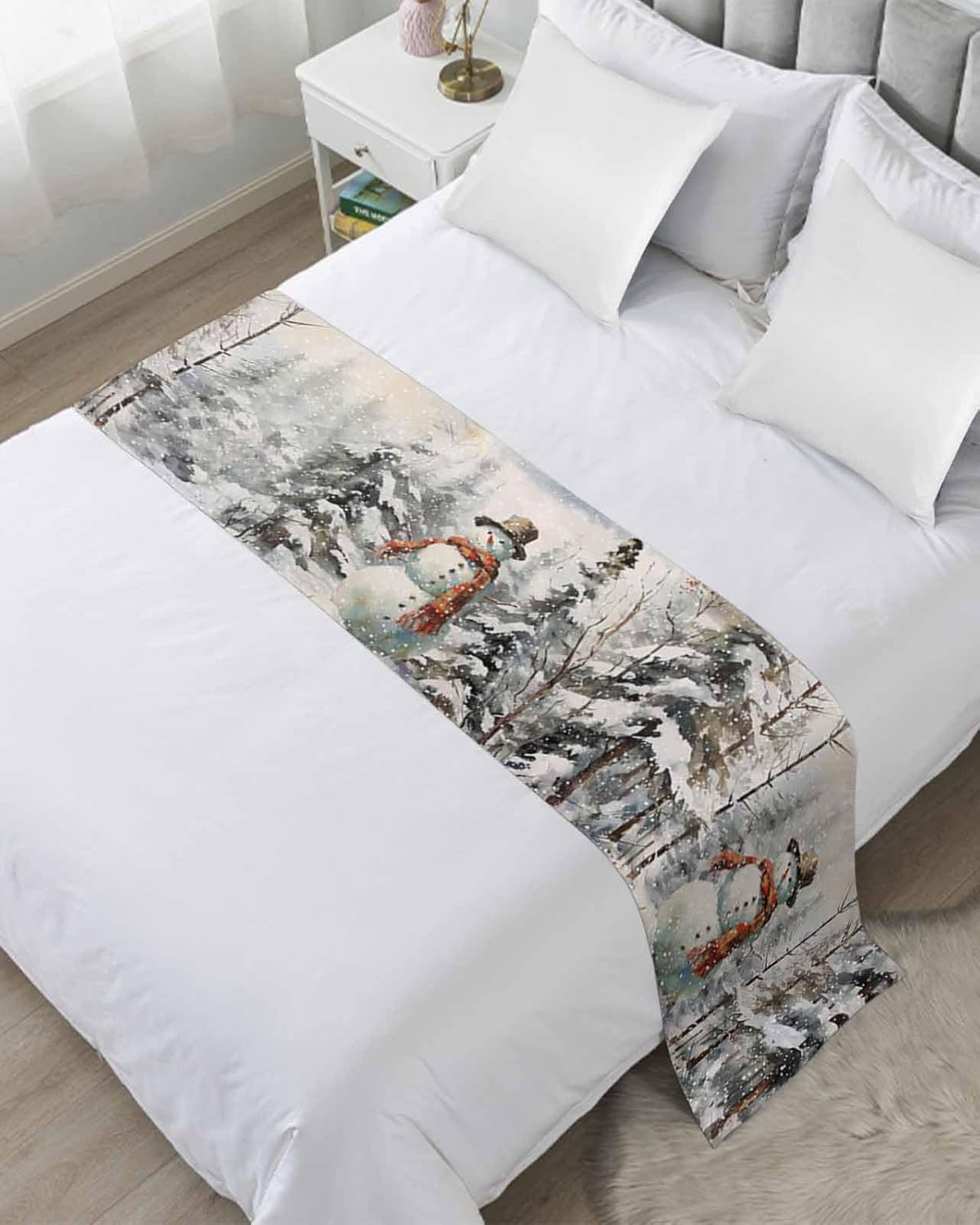 Christmas Bed Runners for King Size Bed, Decorative Bed Runner Scarve, Watercolor Snowman Winter Snowflake Xmas Forest Tree Bed Throws for Foot of Bed, Bedding Protector Slipcover for Bedroom