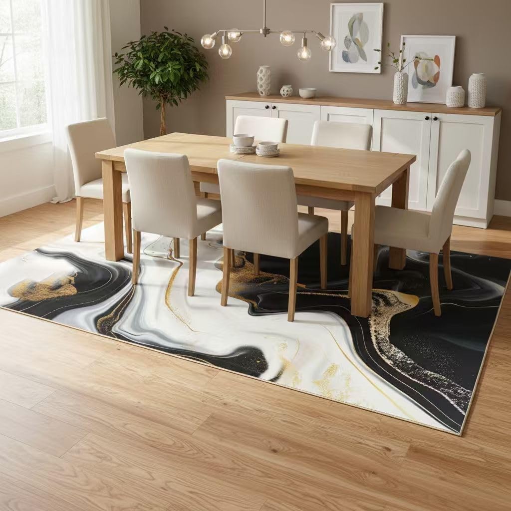 Liquid Marble Swirl Modern Abstract Black White Yellow Area Rug for Living Room Bedroom Guestroom Non Slip Washable Soft Lux Carpet Under Dining Room Coffee Table Art Deco Home Office Rug 5x7