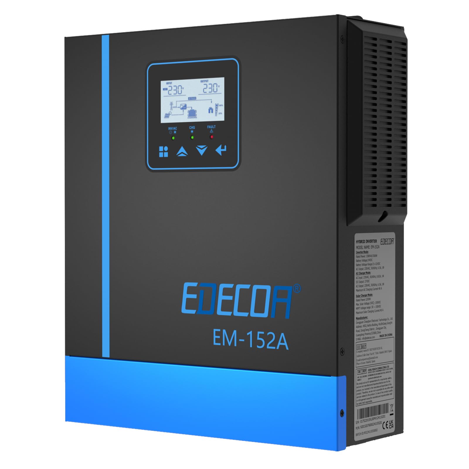 EDECOA Inverter ibrido 1500W 24 V 230 V 1500 VA caricatore solare MPPT 40 A Pur Sinus 30 – 150 Vdc Off-Grid BMS Comunicazione Caricabatterie Priorità di rete Regolatore di carica solare