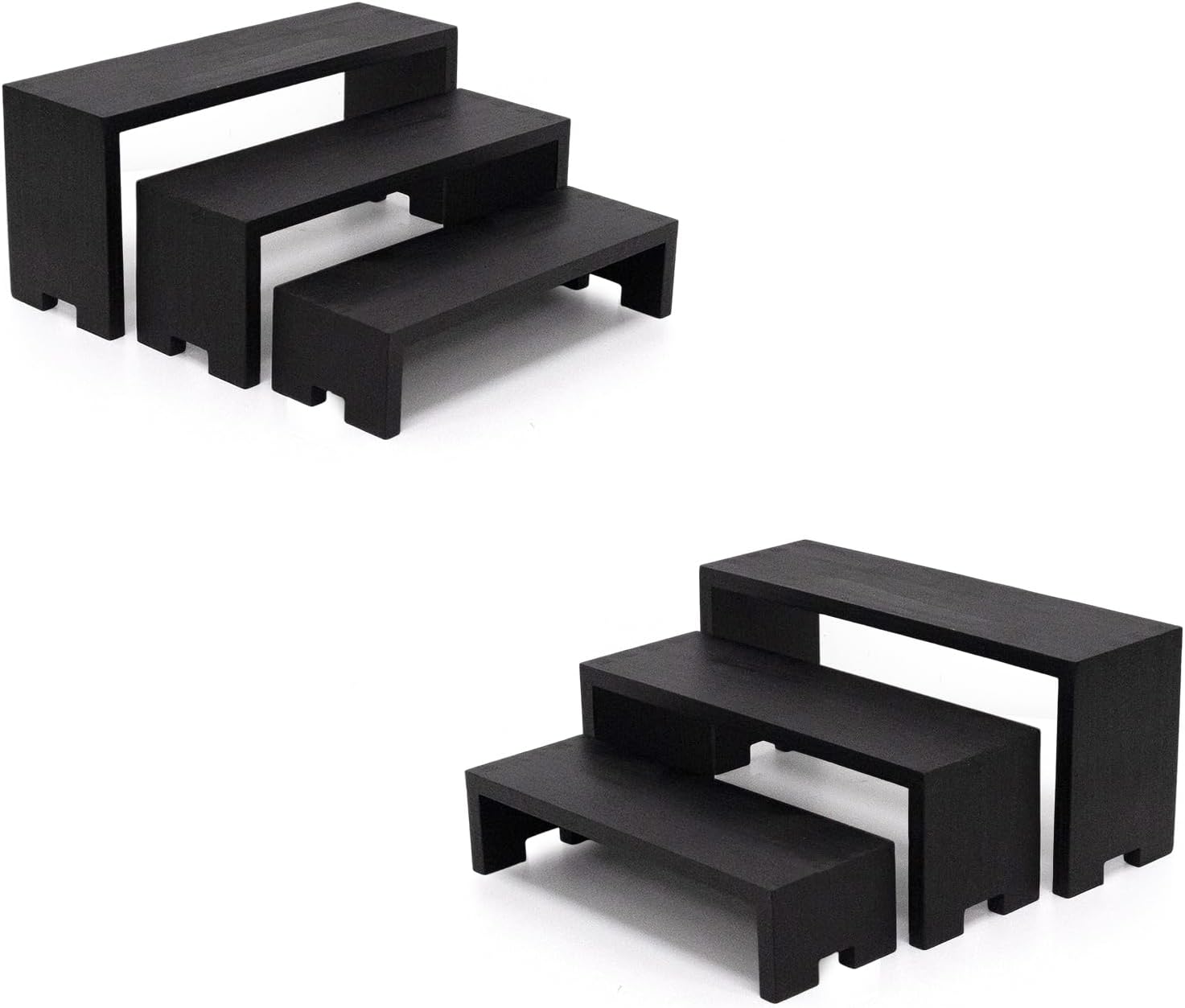 Yikaroeli 2 Set Black Display Risers Small Wooden Display Stand 6Pcs 3 Tiered Wood Racks Cupcake Stands Cologne Stands Perfume Riser for Display