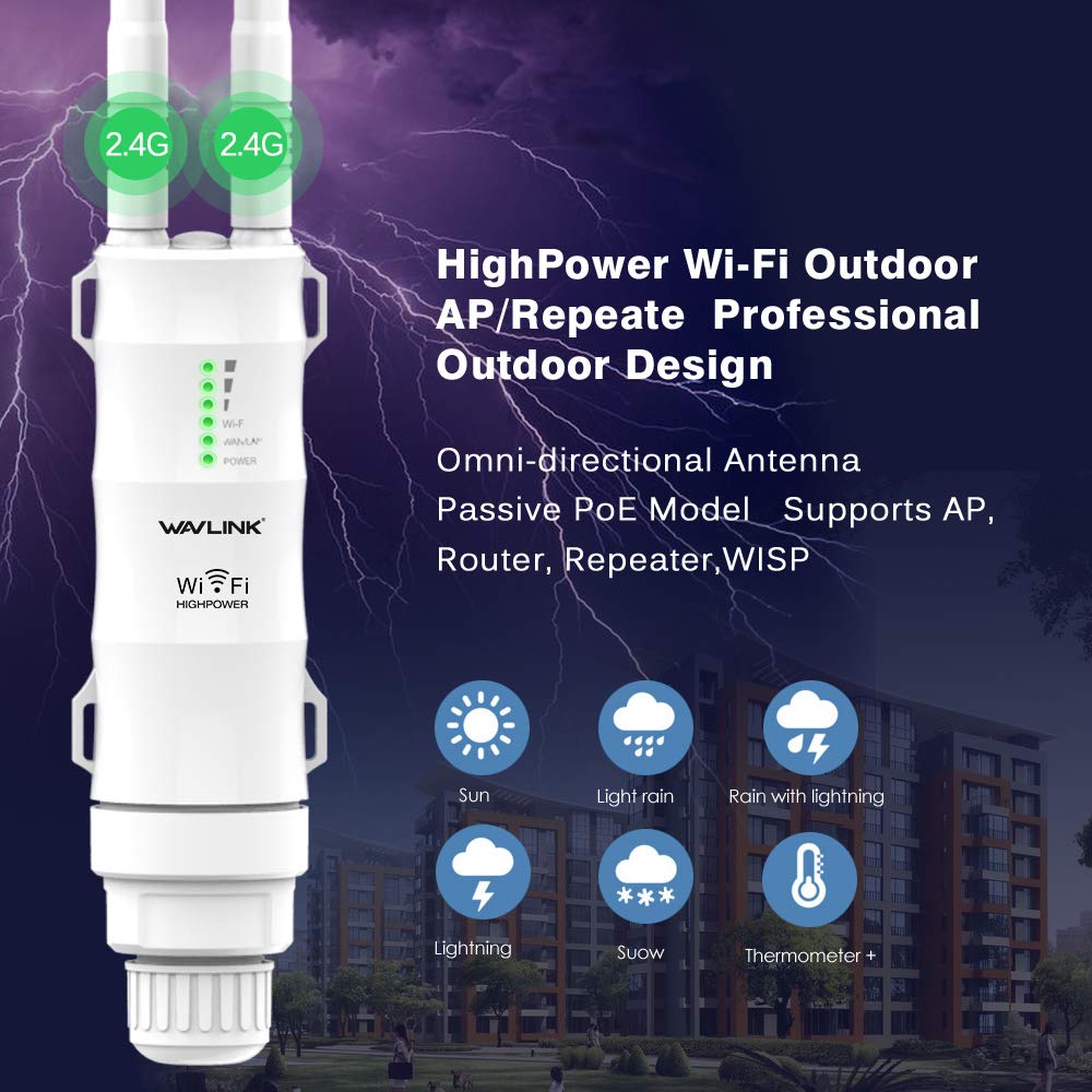 WAVLINK Repetidor WiFi Largo Alcance WiFi Exterior Potente, Amplificador Señal WiFi Antena WiFi Extender Wavlink N300 2.4G, Outdoor PoE Punto de Acceso WiFi, para Grandes Espacios Remotos