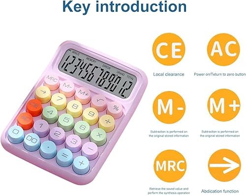 Miniatura 5 de Calculadora mecánica - Pantalla LCD rosa de 12 dígitos, calculadora de llaves inspirada en la máquina de escribir para oficina, escuela, negocios