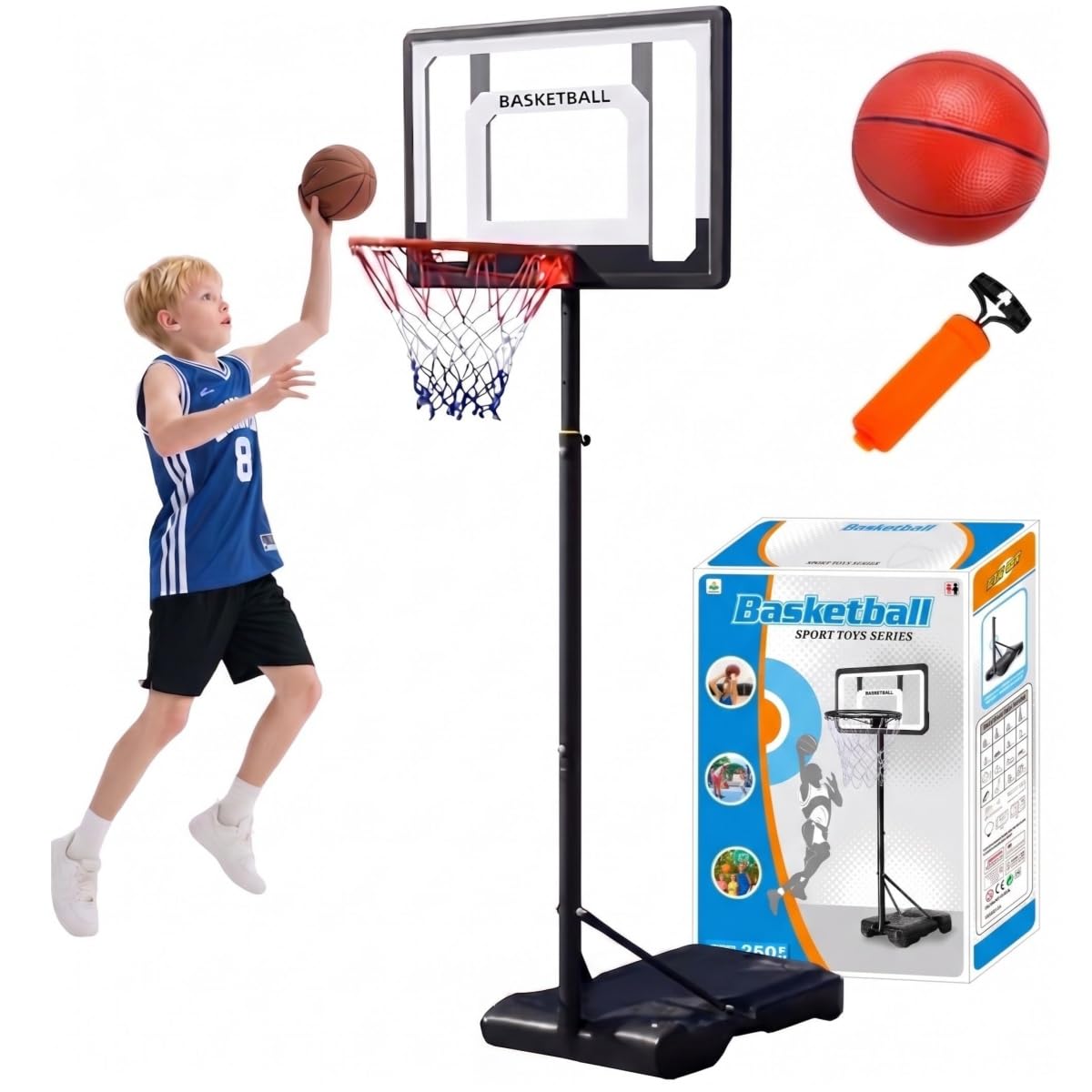 Canasta de baloncesto para exteriores con pelota de baloncesto y bomba de aire, altura ajustable de 148 a 250 cm, base rellenable para mayor estabilidad, canasta de baloncesto móvil para exteriores