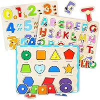GRINNNIE Wooden Montessori Peg Puzzles for 3-5 Year Olds - 3pc Number, Letter & Shape Toddler Educational Set