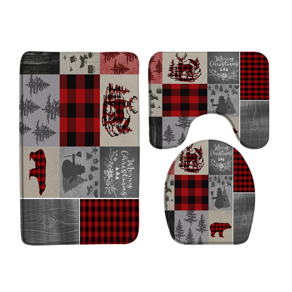 VPUPCN Rustic Cabin Christmas 3 Pcs Bath Rugs Set,Farmhouse Buffalo Plaid Bear Deer Snowman Snowflake Winter Holiday Bathroom Kitchen Rug with 16