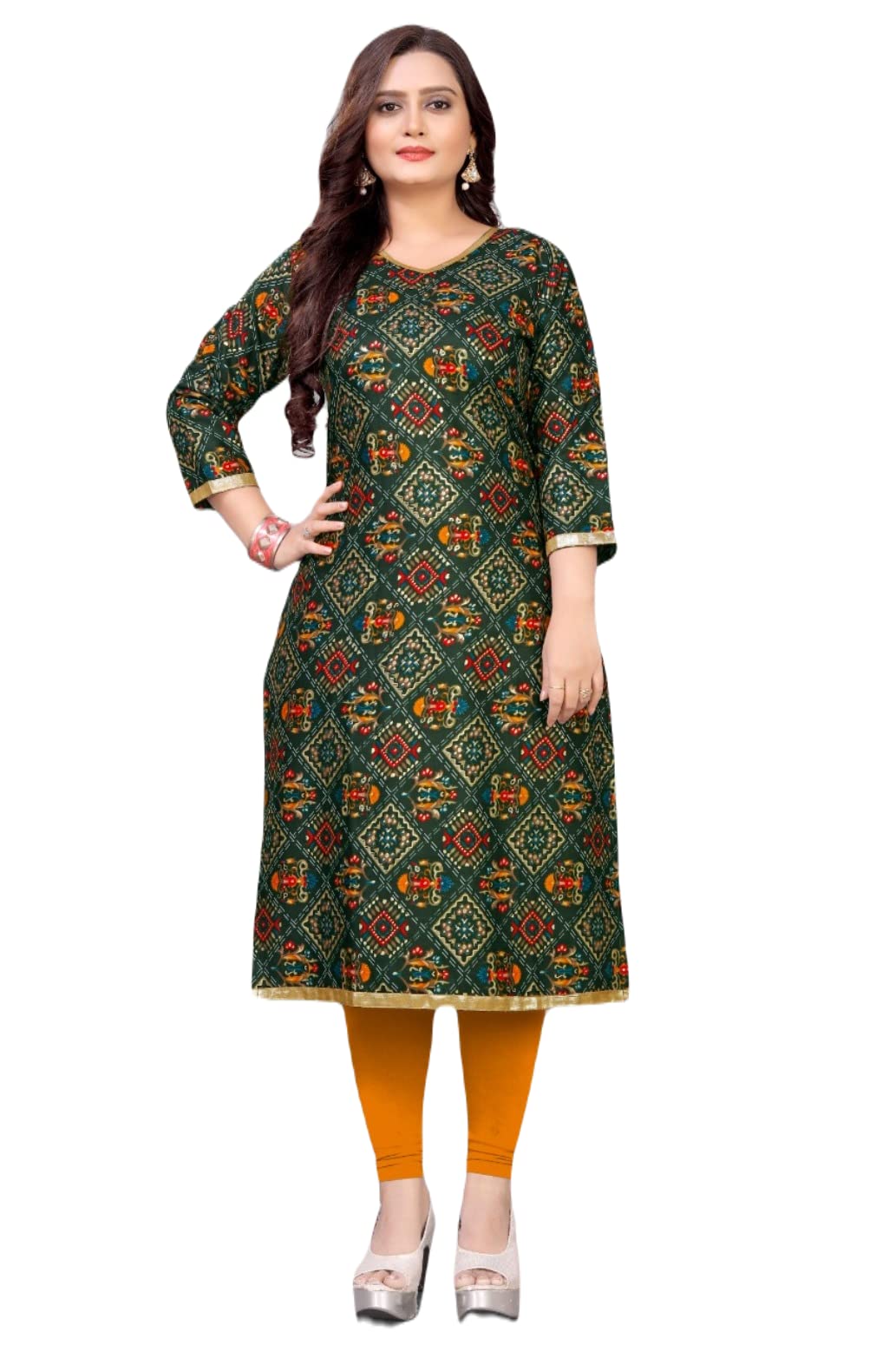 Drashti VillaWomen's Straight A-Line Mill and Foil Printed Fully Stitched Rayon 3/4 Sleeve Kurtie for Girl's (ZCK20-Green-2XL)