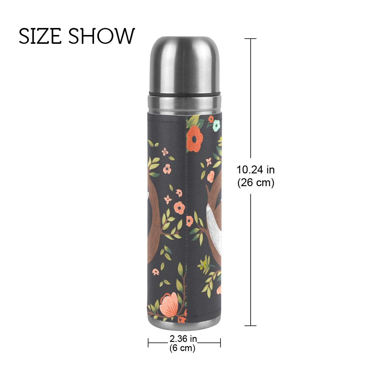 Taza de viaje aislada al vacío de acero inoxidable con doble pared a prueba de fugas, botella con diseño de árbol de perezoso, personalizable con impresión en piel auténtica, 500 ml