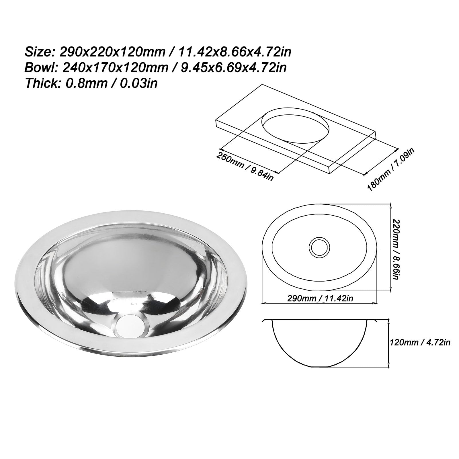 Fregadero de Barra de Acero Inoxidable, Fregadero Redondo de Acero Inoxidable 304 Pulido con Espejo, Fregadero de Cocina de un Solo Seno, Ideal para Autocaravanas, Furgonetas,