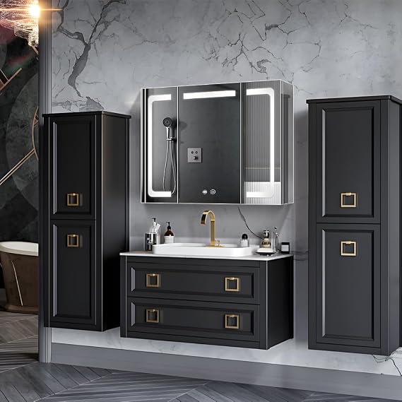 Stainless Steel LED Mirror Cabinet,Bathroom Mirror Cabinet with Light,3 Color,Dimmable,Equipped with Defogger,USB Shavor Socket,Internal Light,91cm×81cm