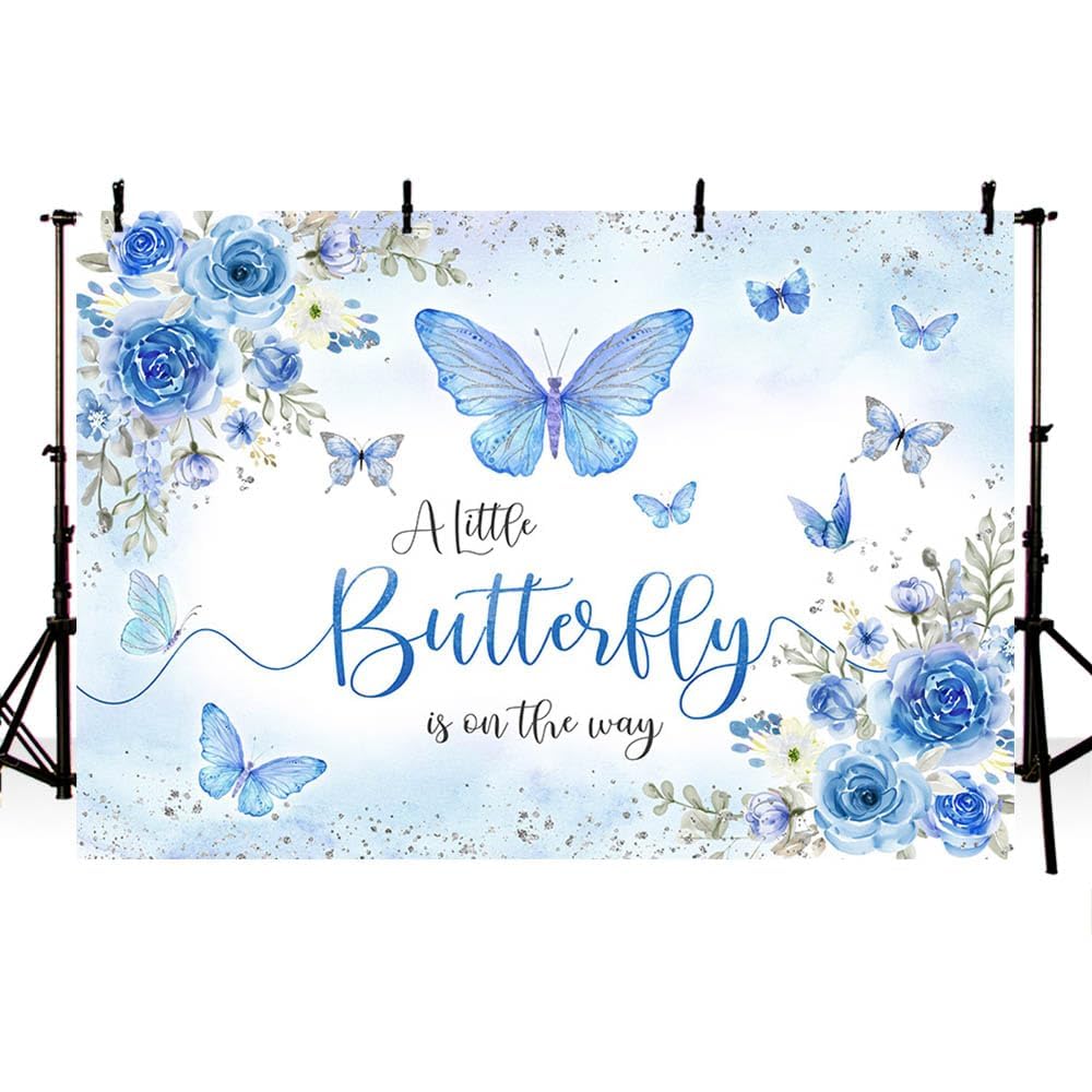 Amazon.com: AIBIIN 藍色蝴蝶嬰兒淋浴背景- 9 x 6 英尺(約2.4 x 1.8 公尺),花卉銀色斑點: 電子