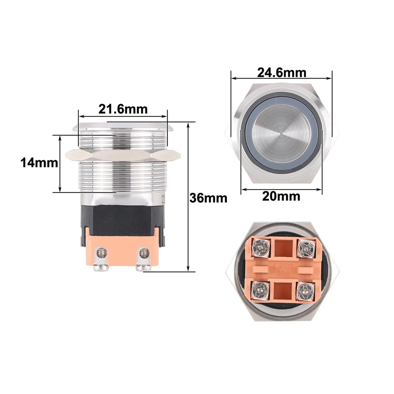 Interrupteur à bouton-poussoir 22 mm avec LED à réinitialisation automatique, 2NO, borne à vis 20 A(Blue LED,3-6V)