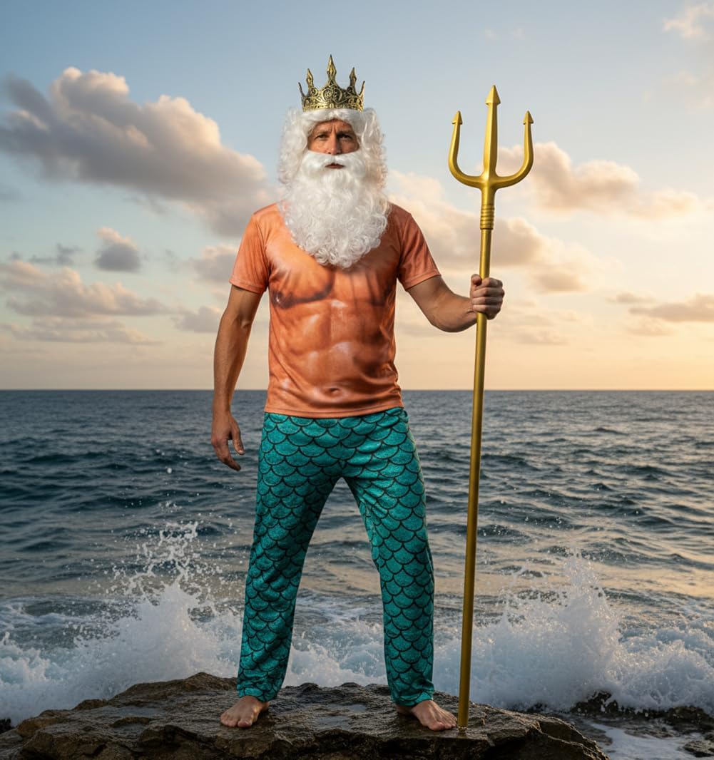 Adults Poseidon Costumes for Men Neptune God King of The Sea 5 Pcs Set Halloween Party Cosplay
