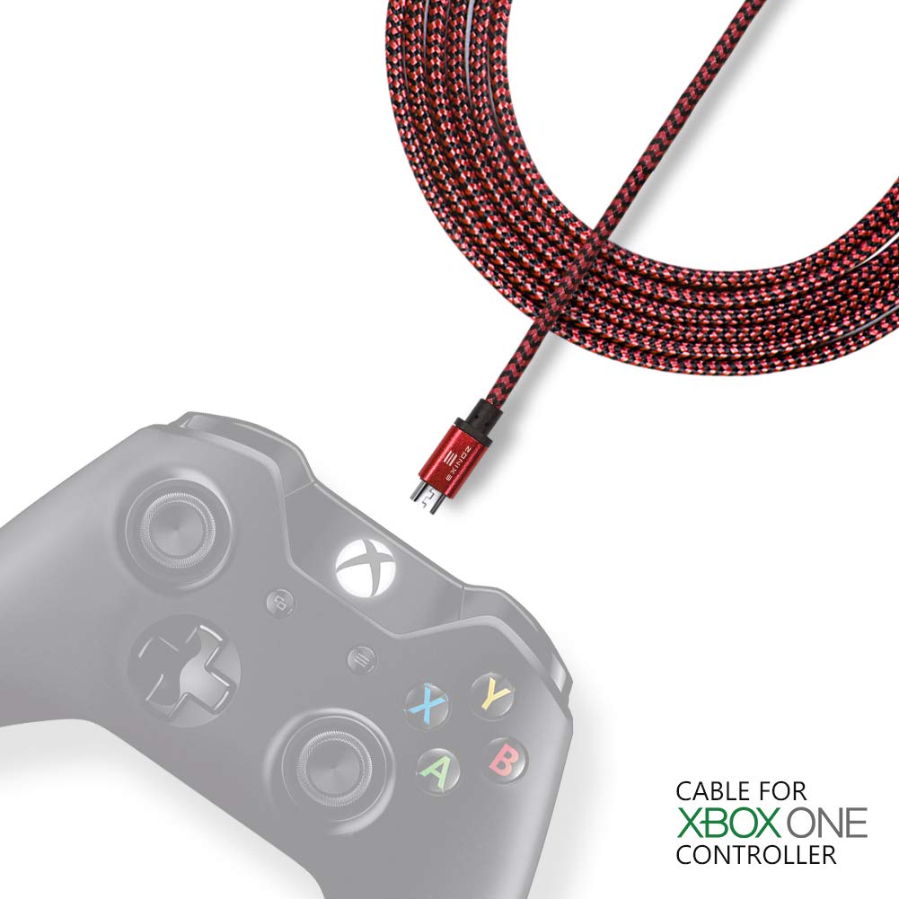 EXINOZ 6.6ft Braided Charger Cable for PS4 DualShock and Xbox One Controller | Ideal Length Xbox and PS4 Controller Charging Cable | 1 Year Replacement Warranty (2 Pack, Red)