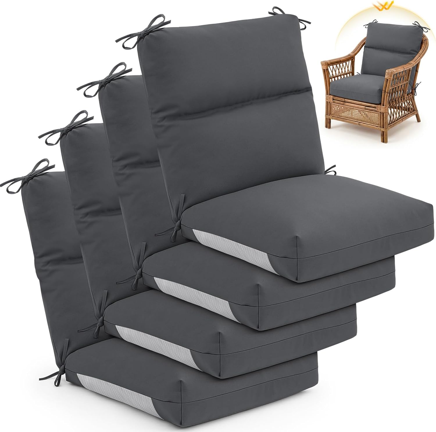 Geelin 4 Pack Outdoor/Indoor High-Back Chair Cushions 44×21 in, Stuffed Tufted Replacement Patio Chair Cushions with Ties Weather Resistant Pads for Patio Furniture (Dark Gray)