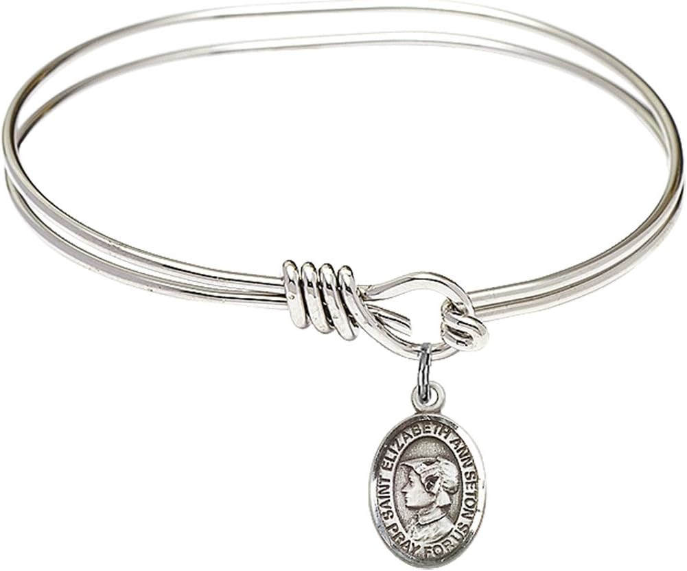 FA Dumont 5 3/4 inch Oval Eye Hook Bangle Bracelet with a St. Elizabeth Ann Seton charm.