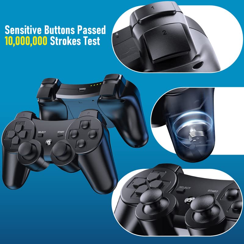 Diswoe Mando Inalámbrico para P3, Wireless Bluetooth Six-Axis Pstation 3 Gamepad Joystick Controlador con Doble Vibración und Cable de Carga USB para PC Windows XP/7/8/10