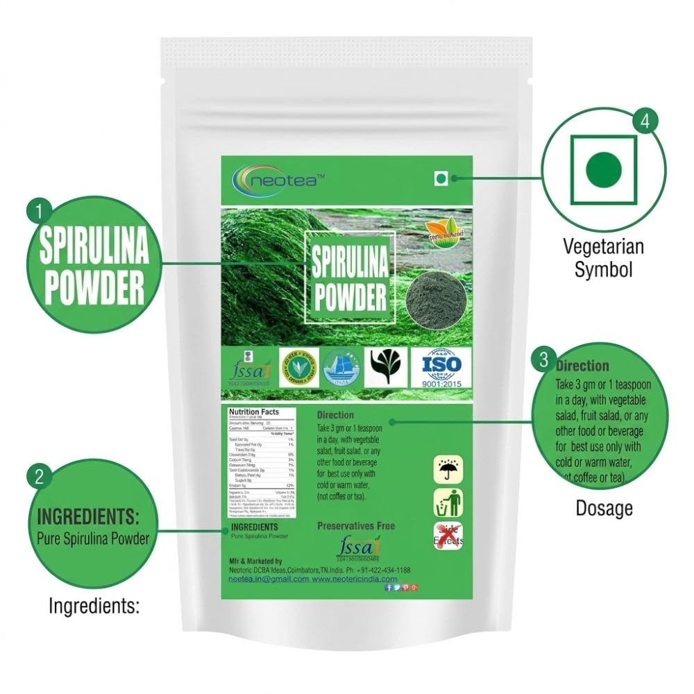 Neotea 100% Organic Spirulina Powder for Immunity, Energy, Digestion & Skin Health | Plant-Based Protein Superfood All-natural and Mineral-rich Detoxifying Supplement | Rich in Protein, Vitamins & Minerals | Boost Energy & Immunity | Gluten Free, Vegan, Non GMO - 1 Kg — Amazon image 6