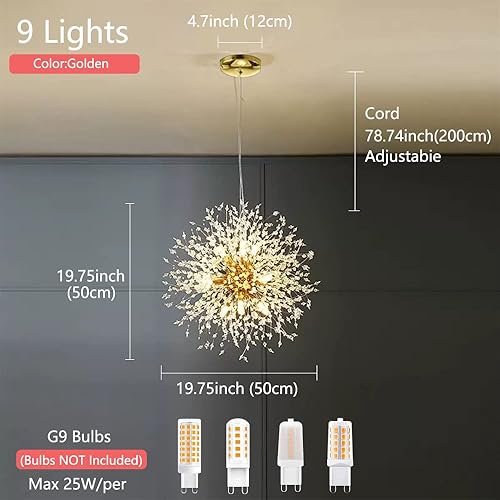 Miniatura 2 de Candelabros de cristal dorado de 9 luces modernas de fuegos artificiales, lámpara de diente de león, lámpara de dormitorio, iluminación colgante de