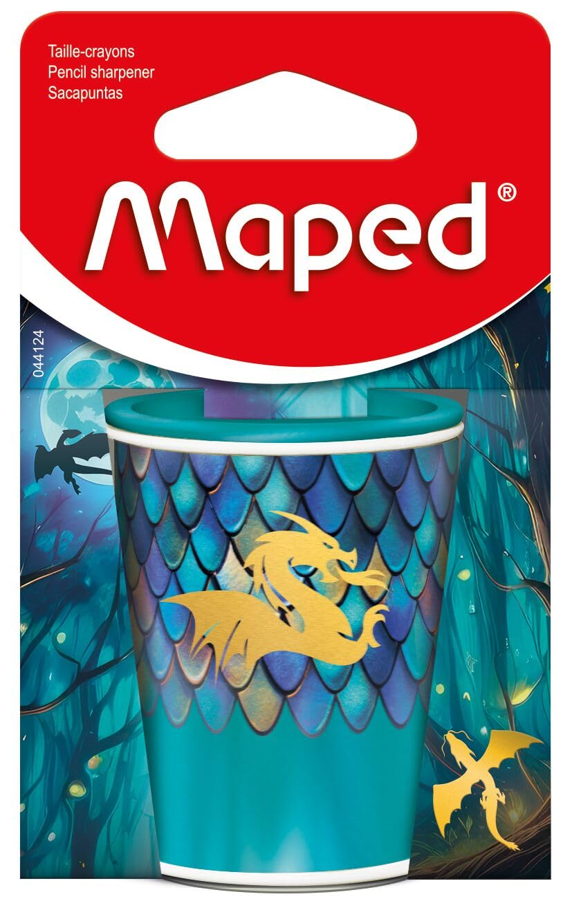 Maped - Temperamatite Lattina Dragone - Temperatura facile e precisa - Lattina in metallo ultra resistente - Serbatoio di grandi dimensioni - Temperamatite 2 fori