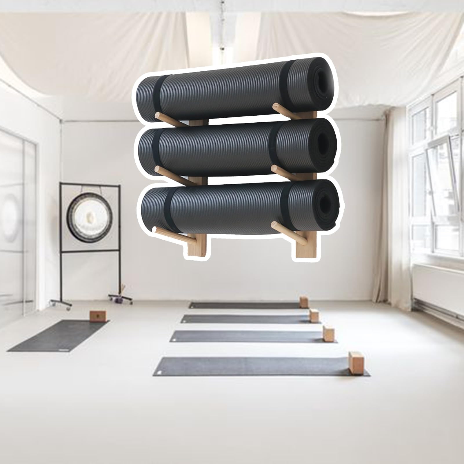 Soporte de Pared de Madera para esterillas de Yoga, Estante seccional de 3 Niveles para 3, 6 o 9 esterillas, Elegante Organizador de Fitness para la decoración de Estudios de Yoga y exhibici