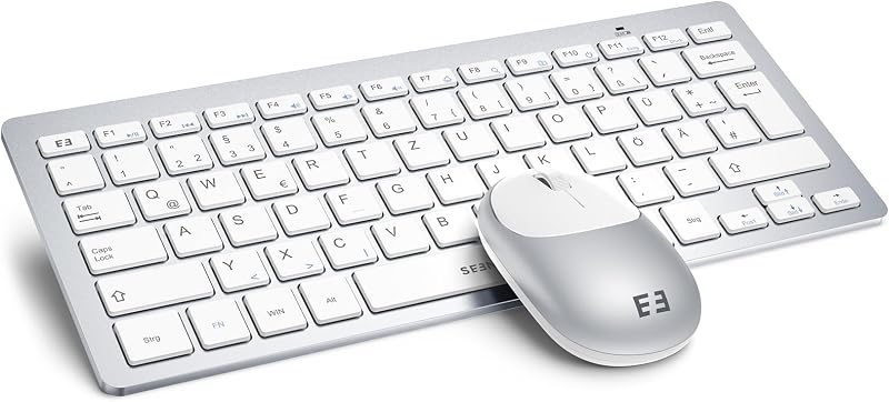 seenda Vezeték Nélküli Billentyűzet és Egér Szett, Kompakt 70% QWERTZ Kiosztás, PC/Laptop/TV Kompatibilis, Ultravékony Dizájn, Fehér-Ezüst