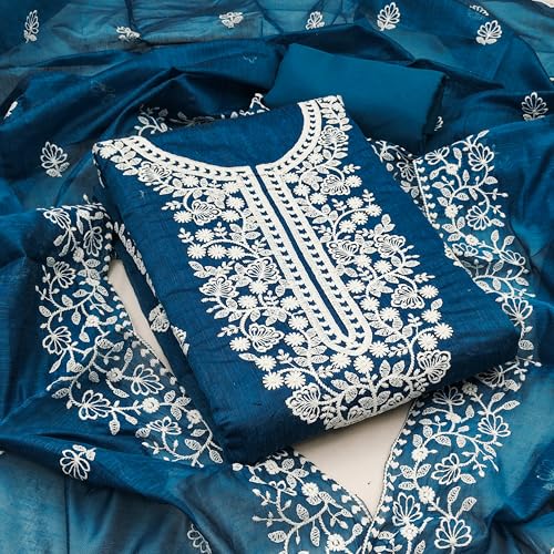 Image of Y2Y Women's Heavy Cotton Embroidery Work Unstitched Salwar Suit Dress Material With Chanderi Work Dupatta (Free Size Multi Color)