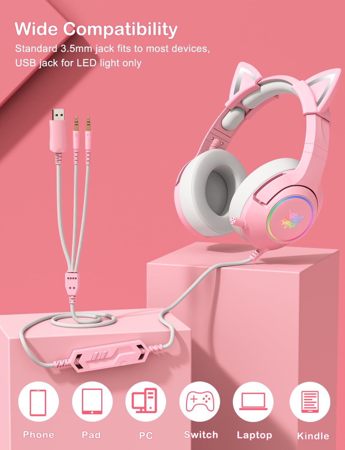 PHNIXGAM Cuffie da gioco con orecchie di gatto rimovibili, microfono RGB/retrattile (A Pink) | Cuffie da gioco con audio surround da 3,5 mm, compatibili con PC, PS4, PS5, cellulare, design rosa chiaro