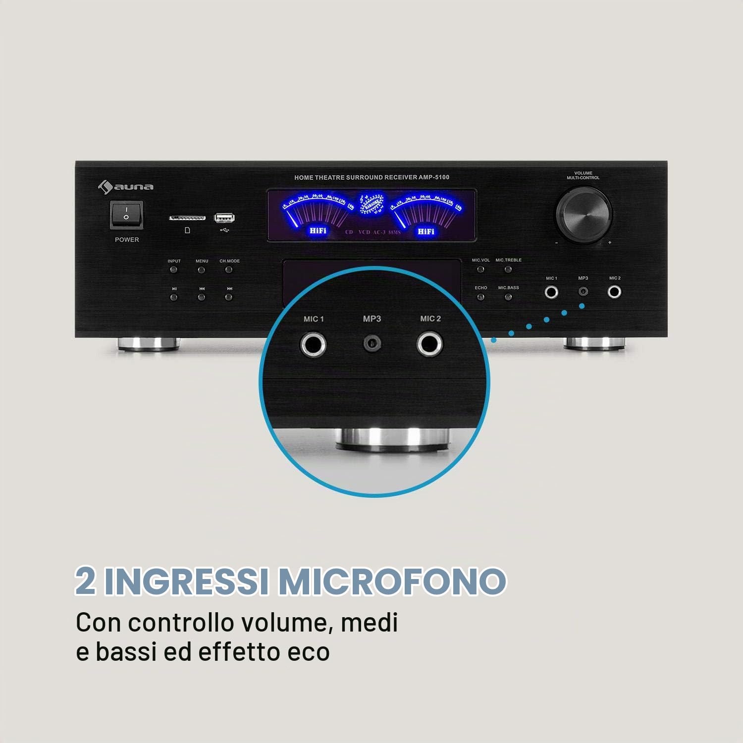 auna AMP 5100 BT 5.1 - Amplificatore, 2 x 120 Watt + 3 x 50 Watt RMS, Bluetooth, USB, SD, 2 Connessioni Microfono, Ingresso AUX, 2 VU-Meter, Nero