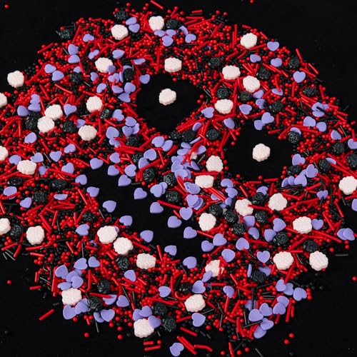 Image of Edible Halloween Sprinkles for Cake,Purple Heart Pink Brain and Black Skull Monster Sprinkles,Red Black Pearls and Jimmies Mixed,Horrifying Sprinkle 130g,Perfect for Cake Decorations, Baking,Ice Cream,Cookies,Cupcake Topper,Halloween Supplies Children Party