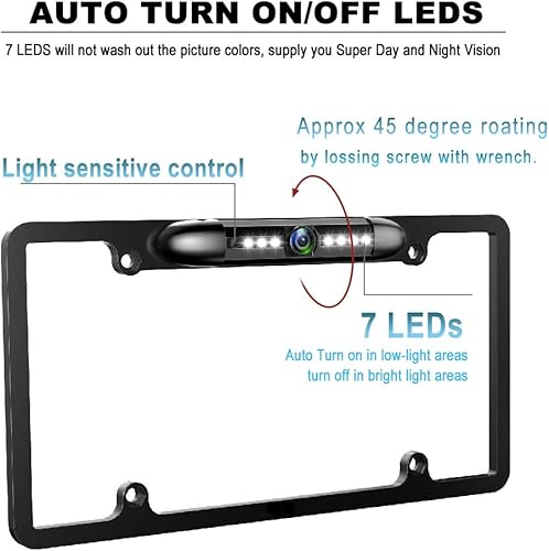 Miniatura 2 de GLK Cámara de respaldo de placa de matrícula, cámara de visión trasera frontal HD con 7 LED de visión nocturna de 170 grados, cámara de respaldo