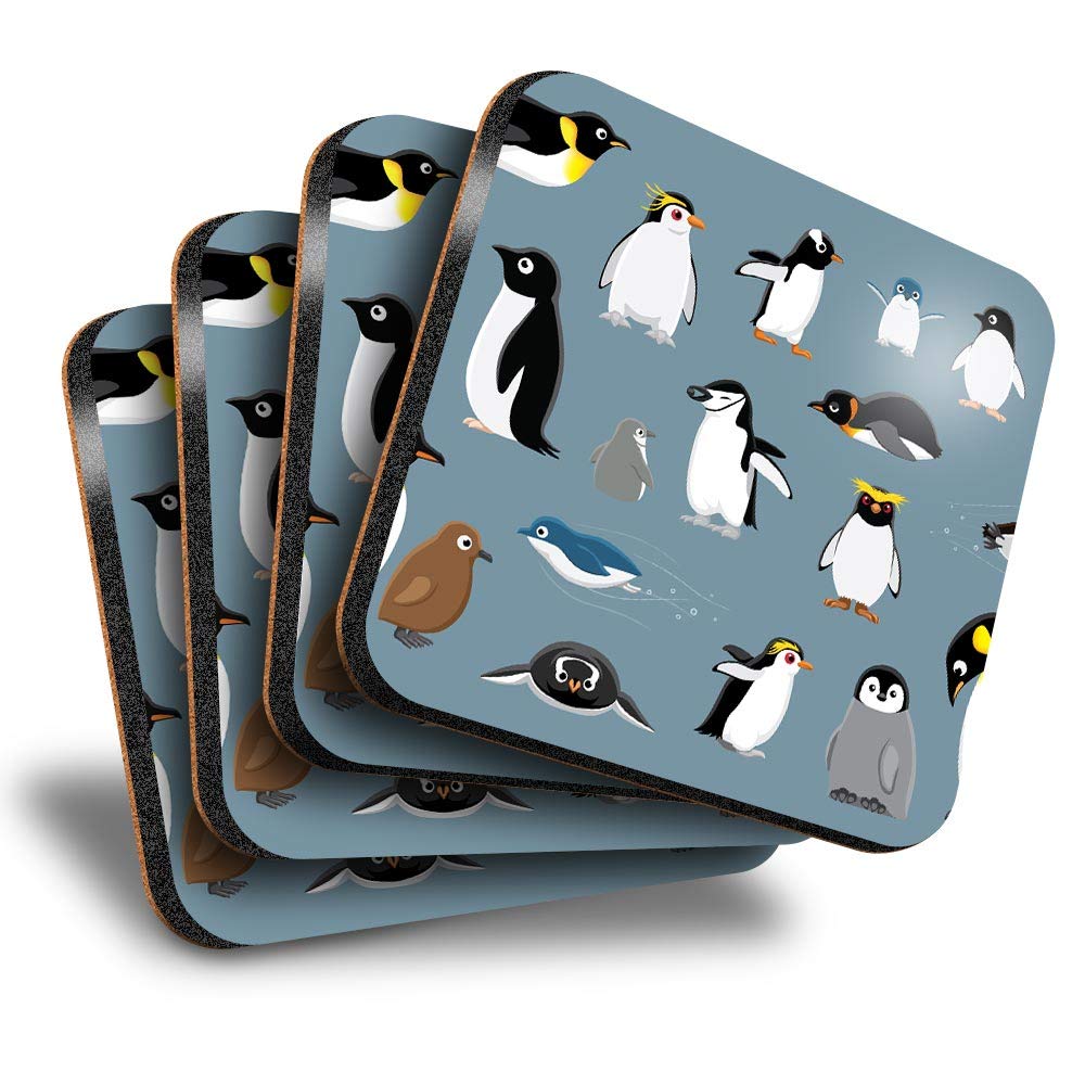 Destination Vinyl Ltd Great Coasters (Set of 4) Square - Cartoon Penguin Mixture Kids Pattern Drink Glossy Coasters/Tabletop Protection for Any Table Type #44533