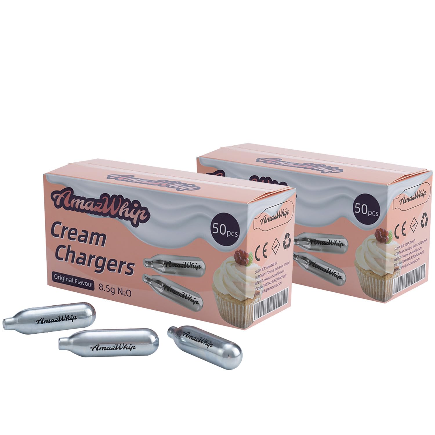 AmazWhip 8.5g Cream Chargers, Whipped Cream Cartridge PACK OF 50 For Whip Cream Charger Dispensers (100 pack)